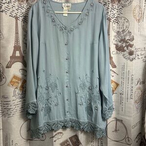 Chic Lace-Embellished Women's Blouse in Soft Blue by CHANNA